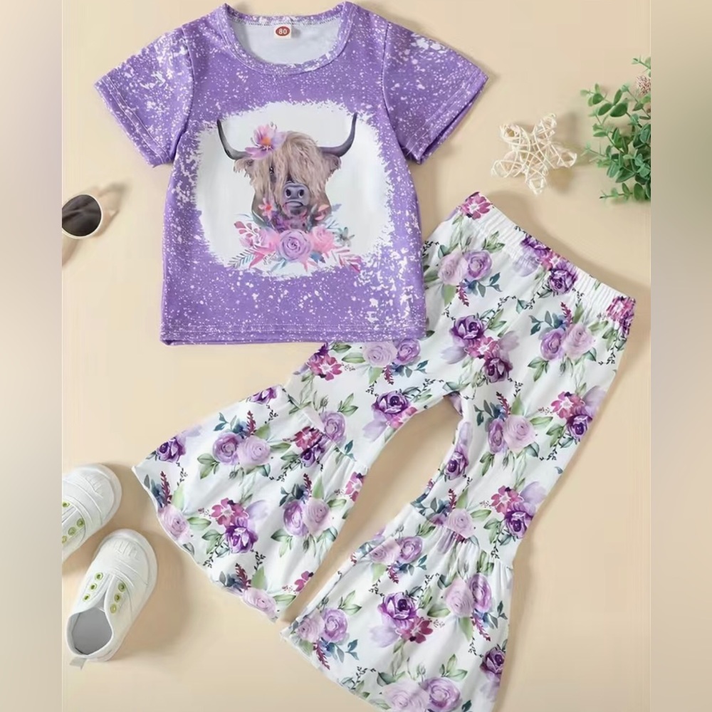 Girls Boutique Purple Highland Cow Graphic Top & Floral Bell Bottom Pants Set